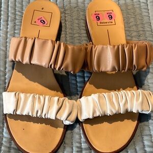 Dolce Vita Tan and Cream Ruched Sandals